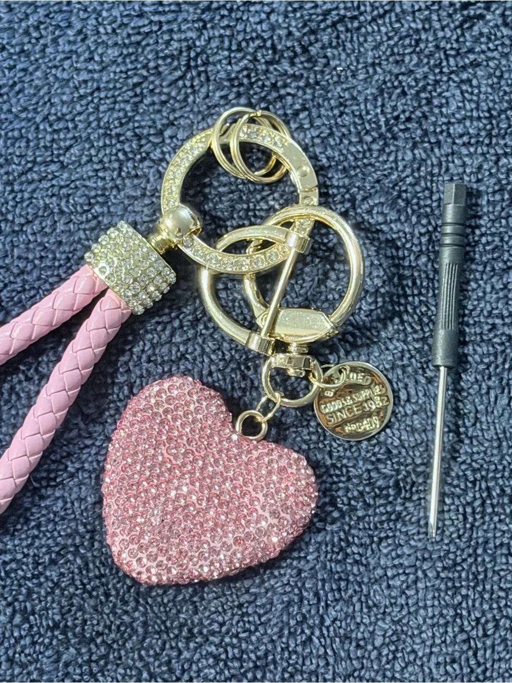 Pink Crystal Heart Keychain Wristlet with Gold Hardware